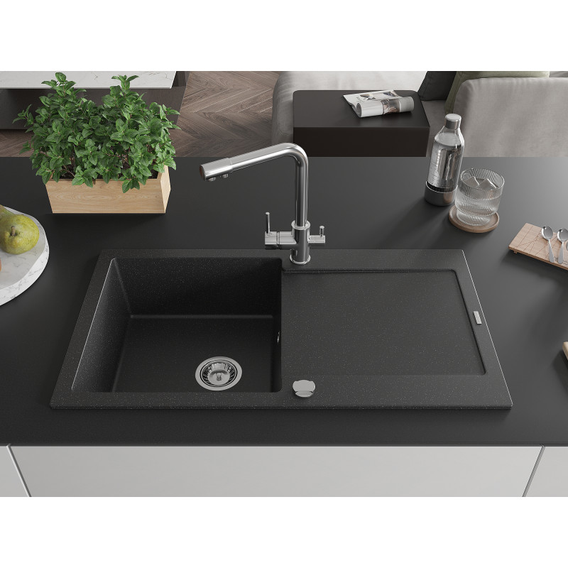 Mexen Leo lavello in granito a 1 vasca con gocciolatoio e miscelatore da cucina Duero, nero/metallizzato argento