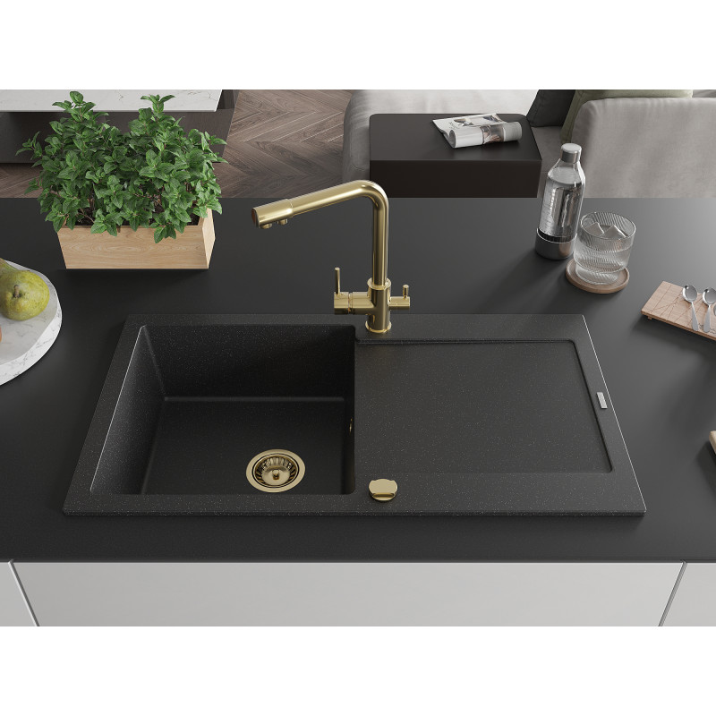 Mexen Leo granitische gootsteen 1-kamer met afdruiprek en keukenkraan Duero, zwart/zilver metallic - 6501-73-671600-50