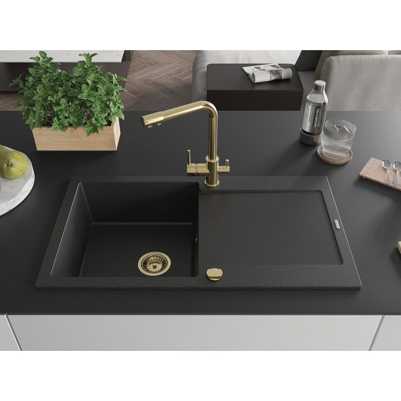 Mexen Leo lavello in granito a 1 vasca con scolapiatti e miscelatore da cucina Duero, nero/metallo argento - 6501-73-671600-50