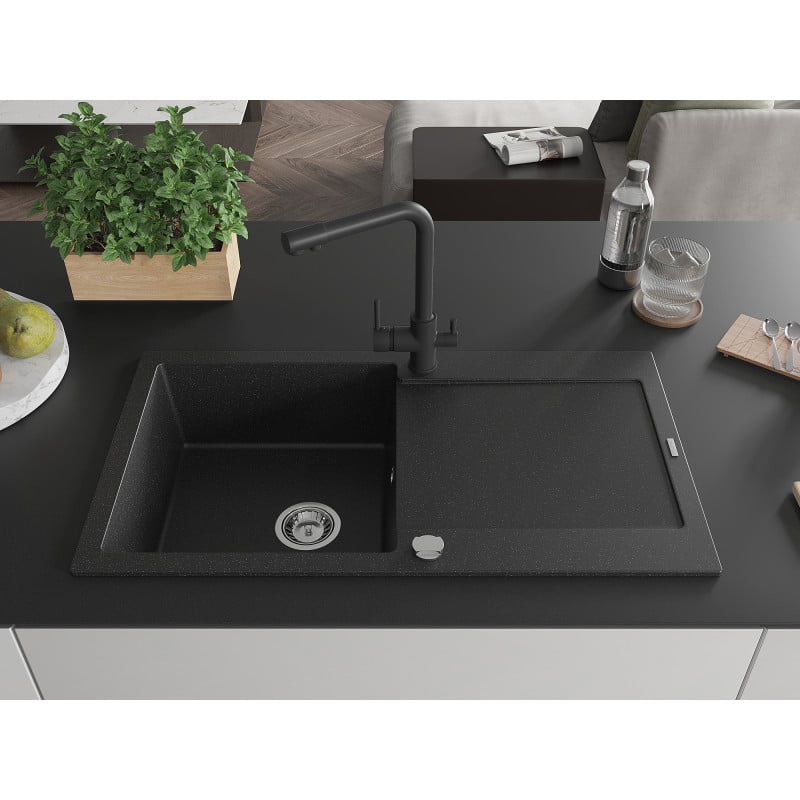 Mexen Leo 1-bowl granite sink with drainer and Duero kitchen tap, black/silver metallic - 6501-73-671600-70
