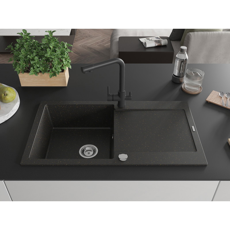 Mexen Leo Granitspüle 1-beckig mit Abtropffläche und Küchenarmatur Duero, schwarz/gold metallic - 6501-75-671600-70