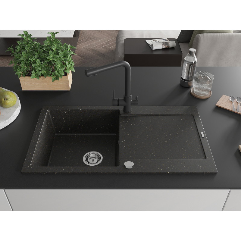 Mexen Leo lavello in granito a 1 vasca con gocciolatoio e rubinetto cucina Duero, nero/oro metallizzato - 6501-75-671600-70