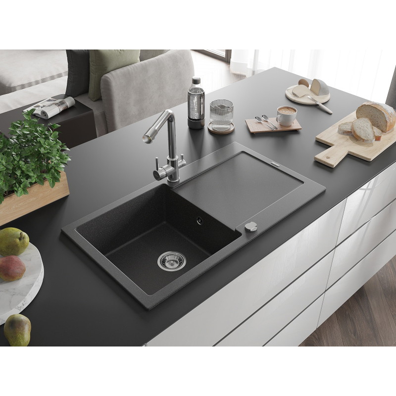 Mexen Leo fregadero de granito de 1 compartimento con escurridor y grifo de cocina Duero, negro moteado - 6501-76-671600-00