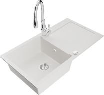 Mexen Leo fregadero de granito de 1 compartimento con escurridor y grifo de cocina Savita, blanco - 6501-20-672601-00