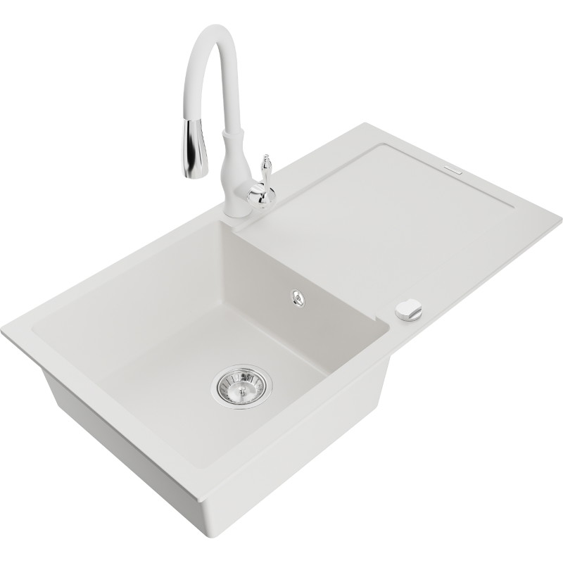 Mexen Leo fregadero de granito de 1 cuenca con escurridor y grifo de cocina Savita, blanco - 6501-20-672601-20