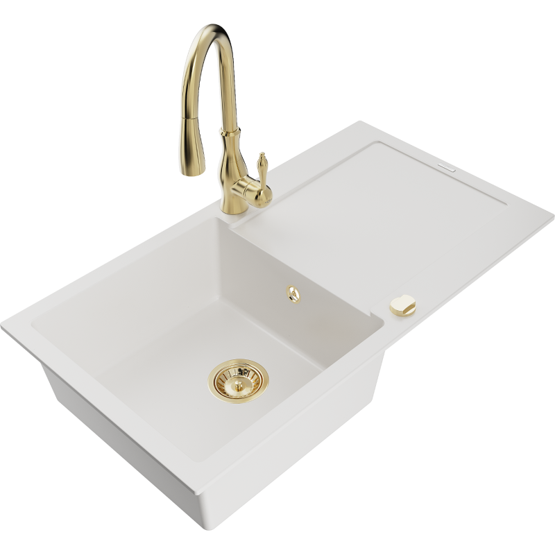 Mexen Leo granitdiskho med en ho med avrinningsyta och köksblandare Savita, vit - 6501-20-672601-50