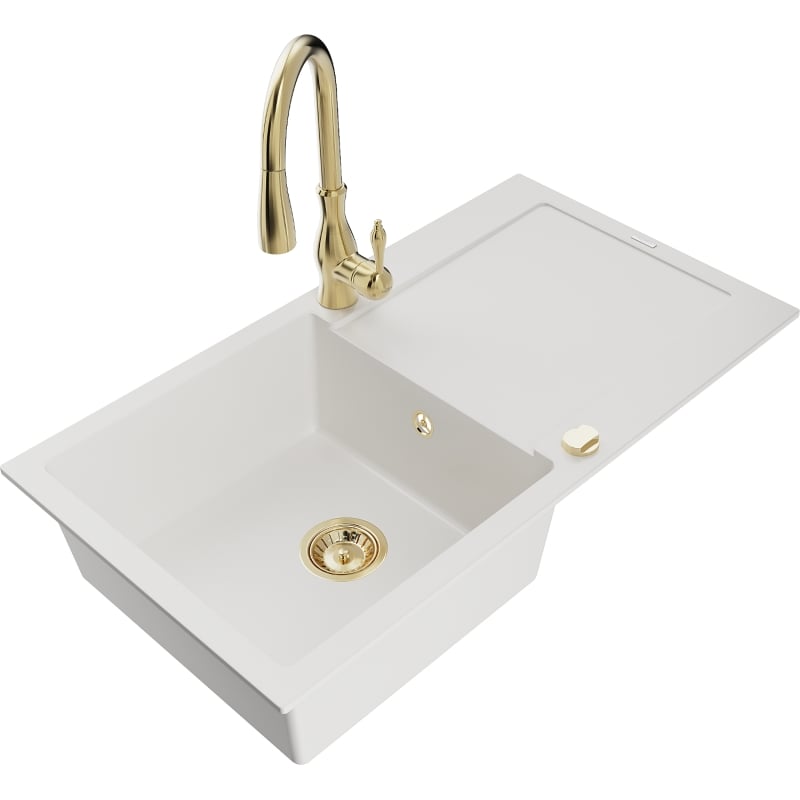 Mexen Leo granite sink 1-bowl with drainer and kitchen faucet Savita, white - 6501-20-672601-50
