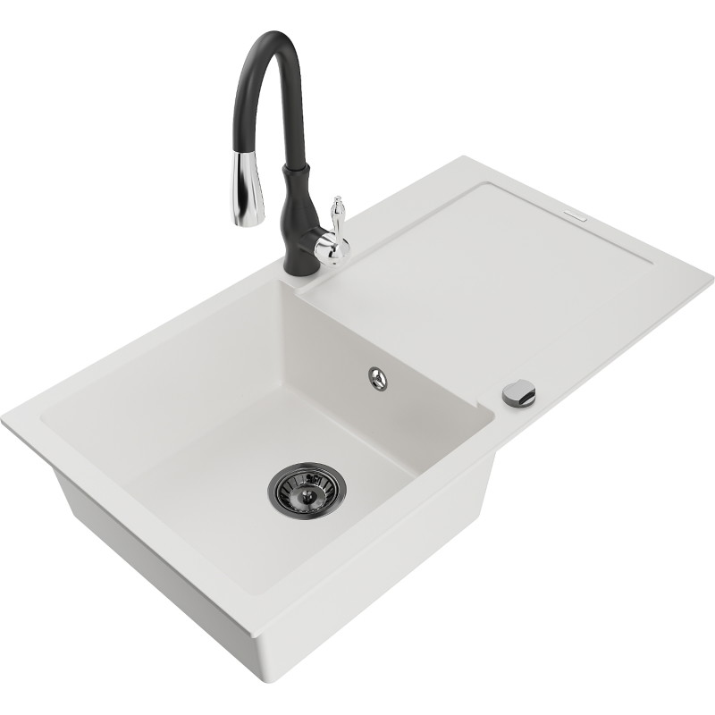 Mexen Leo granitische spoelbak 1-compartiment met afdruiprek en keukenmengkraan Savita, wit - 6501-20-672601-70