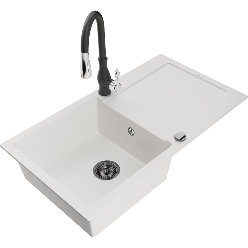 Mexen Leo lava-loiça em granito 1-cuba com escorredor e torneira de cozinha Savita, branco - 6501-20-672601-70