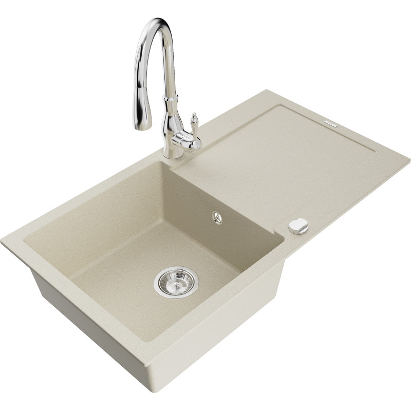 Mexen Leo fregadero de granito de 1 cubeta con escurridor y grifo de cocina Savita, beige - 6501-69-672601-00