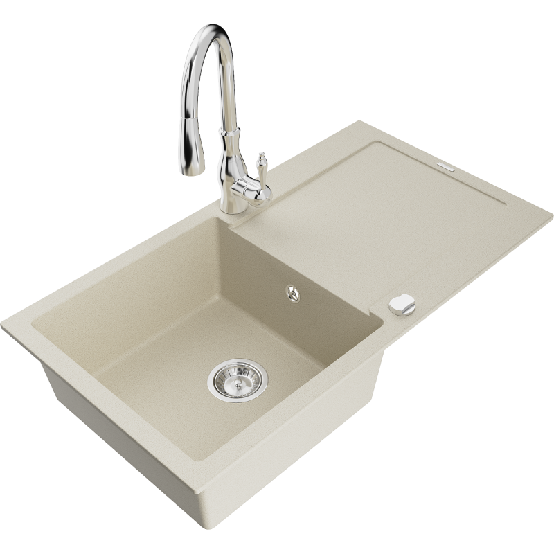 Mexen Leo fregadero de granito de 1 seno con escurridor y grifo de cocina Savita, beige - 6501-69-672601-00