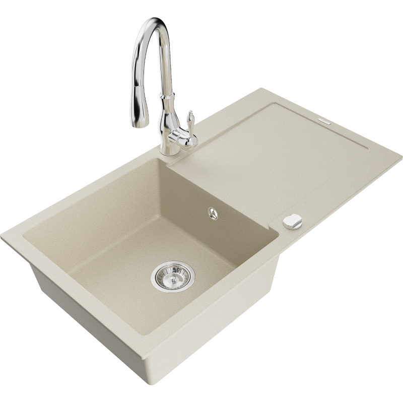 Mexen Leo lava-loiça de granito 1-cuba com escorredor e torneira de cozinha Savita, bege - 6501-69-672601-00