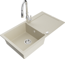 Mexen Leo fregadero de granito de 1 seno con escurridor y grifo de cocina Savita, beige - 6501-69-672601-00