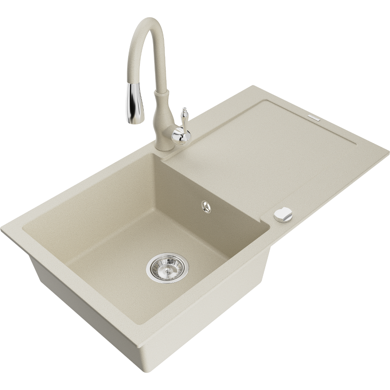 Mexen Leo fregadero de granito de 1 cámara con escurridor y grifo de cocina Savita, beige - 6501-69-672601-69