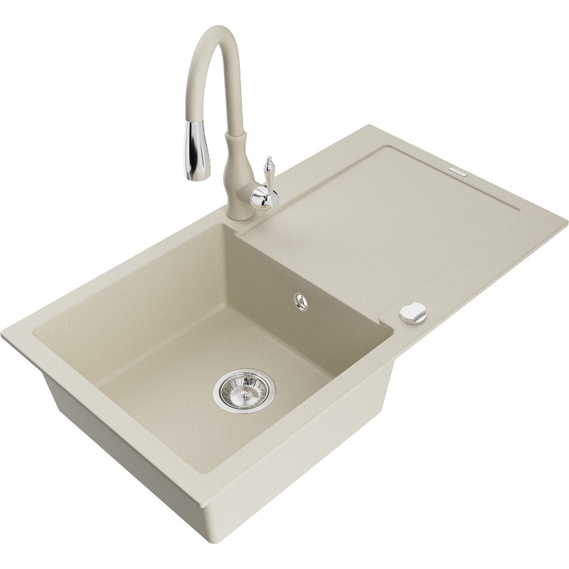 Mexen Leo fregadero de granito de 1 compartimento con escurridor y grifo de cocina Savita, beige - 6501-69-672601-69