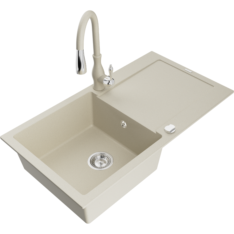 Mexen Leo lavello da cucina in granito a 1 vasca con gocciolatoio e rubinetto cucina Savita, beige - 6501-69-672601-69
