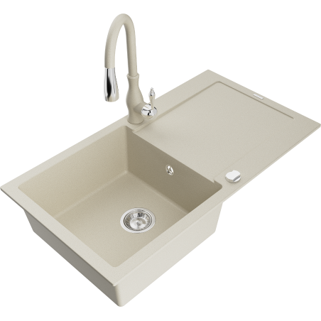 Mexen Leo fregadero de granito de 1 cámara con escurridor y grifo de cocina Savita, beige - 6501-69-672601-69