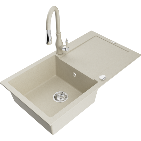 Mexen Leo granite sink 1-bowl with drainer and Savita kitchen tap, beige - 6501-69-672601-69
