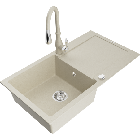 Mexen Leo lavello da cucina in granito a 1 vasca con gocciolatoio e rubinetto cucina Savita, beige - 6501-69-672601-69