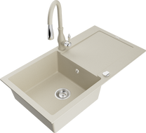 Mexen Leo fregadero de granito de 1 cámara con escurridor y grifo de cocina Savita, beige - 6501-69-672601-69