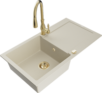 Mexen Leo Granitspüle, 1-Becken mit Abtropffläche und Küchenarmatur Savita, beige - 6501-69-672601-50