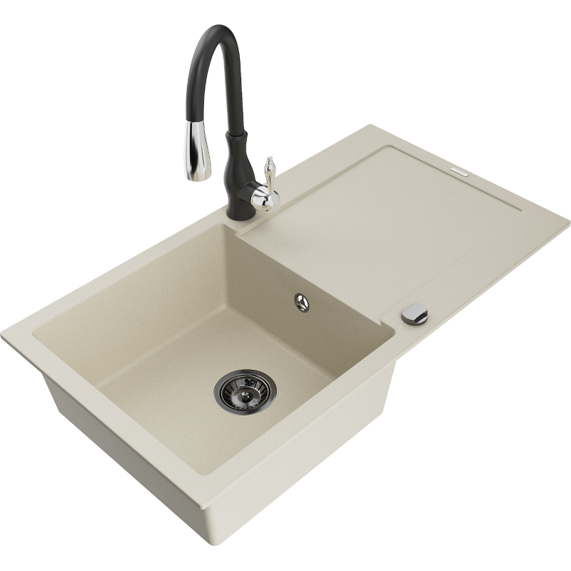 Mexen Leo fregadero de granito de 1 seno con escurridor y grifo de cocina Savita, beige - 6501-69-672601-70
