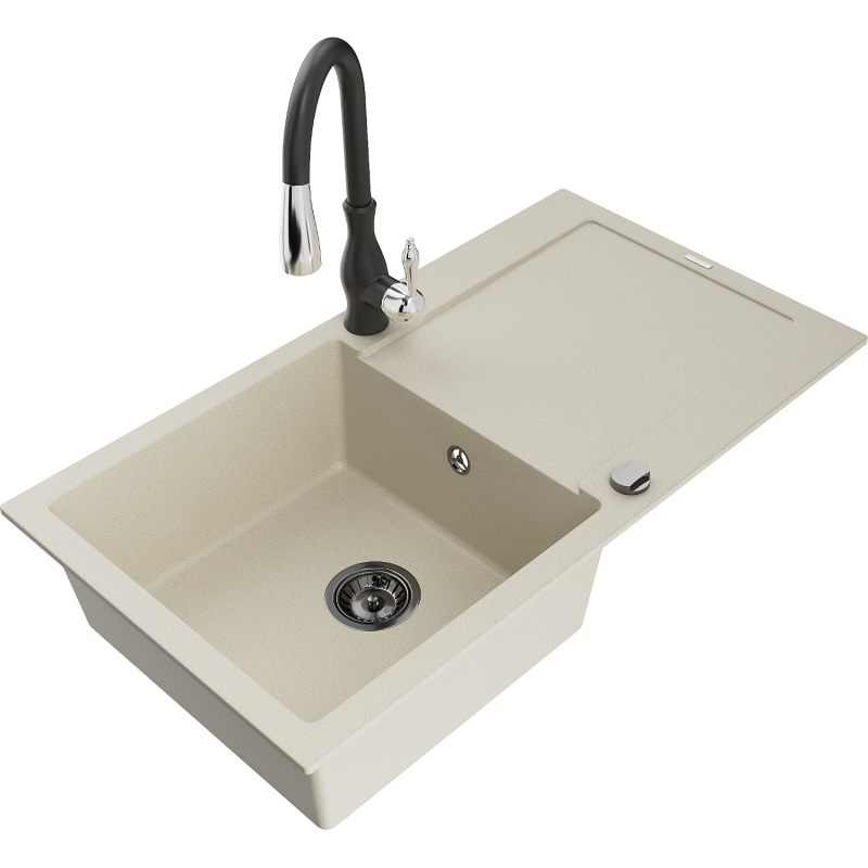 Mexen Leo lavello in granito 1 vasca con sgocciolatoio e rubinetto da cucina Savita, beige - 6501-69-672601-70