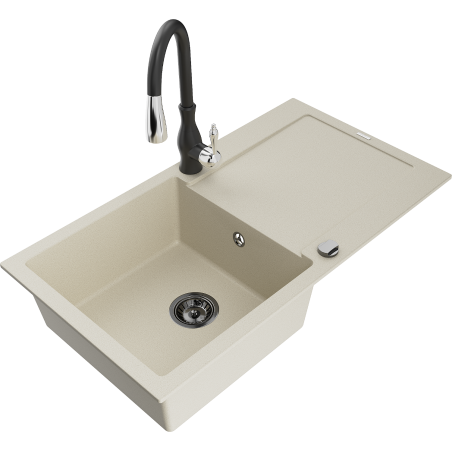 Mexen Leo granite sink 1-bowl with drainer and Savita kitchen faucet, beige - 6501-69-672601-70