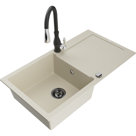 Mexen Leo lavello in granito 1 vasca con sgocciolatoio e rubinetto da cucina Savita, beige - 6501-69-672601-70