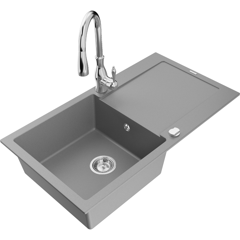 Mexen Leo fregadero de granito 1 cubeta con escurridor y grifo de cocina Savita, gris - 6501-71-672601-00
