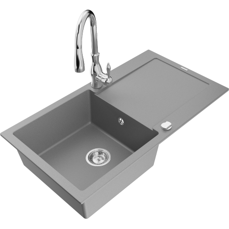 Mexen Leo 1-bowl granite sink with drainer and Savita kitchen tap, grey - 6501-71-672601-00