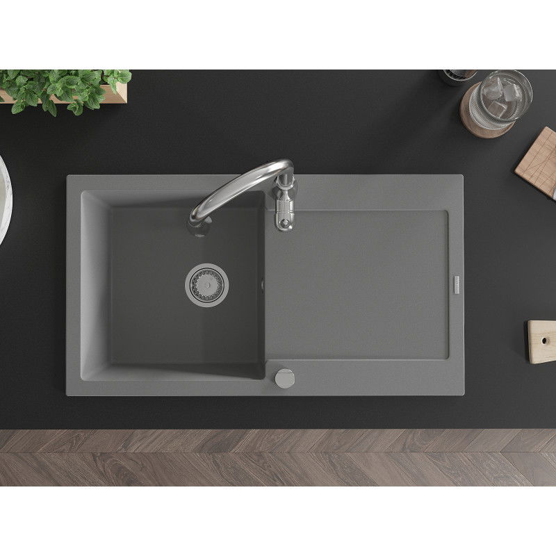 Mexen Leo fregadero de granito 1 cubeta con escurridor y grifo de cocina Savita, gris - 6501-71-672601-00