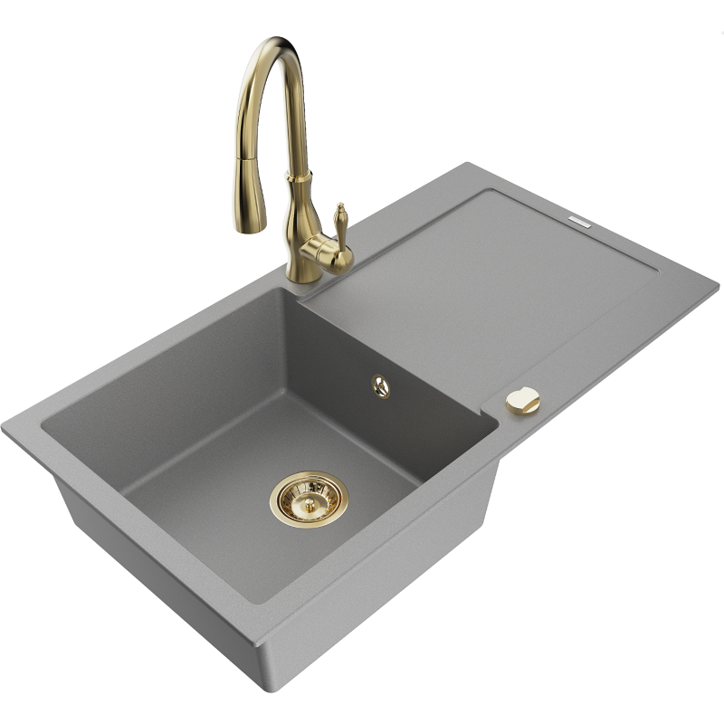 Mexen Leo fregadero de granito de 1 compartimento con escurridor y grifo de cocina Savita, gris - 6501-71-672601-50