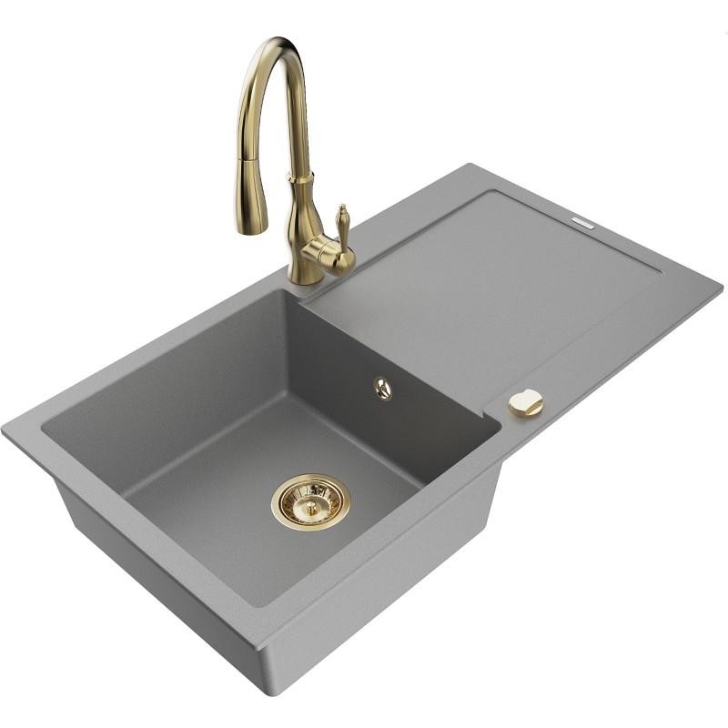 Mexen Leo fregadero de granito de 1 seno con escurridor y grifo de cocina Savita, gris - 6501-71-672601-50
