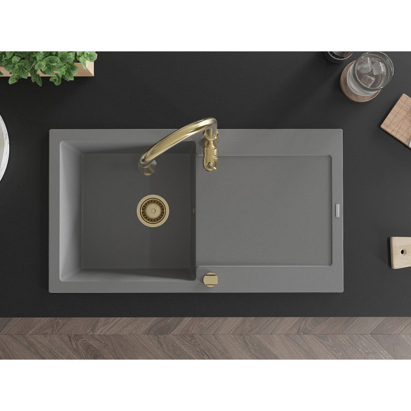 Mexen Leo granite sink 1-bowl with drainer and Savita kitchen tap, grey - 6501-71-672601-50