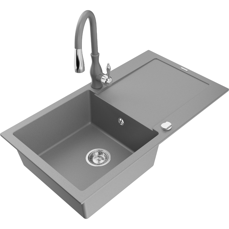 Mexen Leo fregadero de granito de 1 compartimento con escurridor y grifo de cocina Savita, gris - 6501-71-672601-71