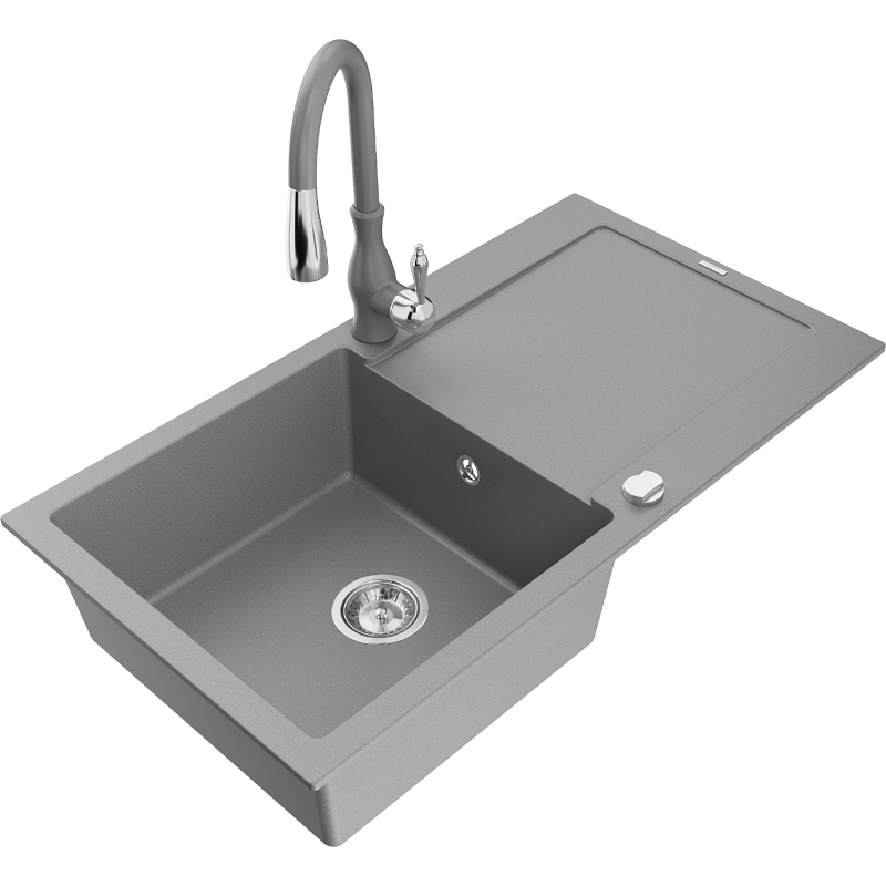 Mexen Leo fregadero de granito de 1 seno con escurridor y grifo de cocina Savita, gris - 6501-71-672601-71