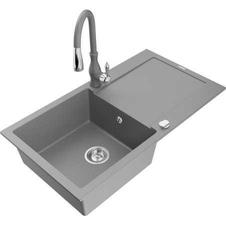 Mexen Leo fregadero de granito de 1 compartimento con escurridor y grifo de cocina Savita, gris - 6501-71-672601-71