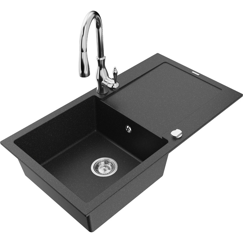 Mexen Leo fregadero de granito de 1 seno con escurridor y grifo de cocina Savita, negro/plateado metálico - 6501-73-672601-00