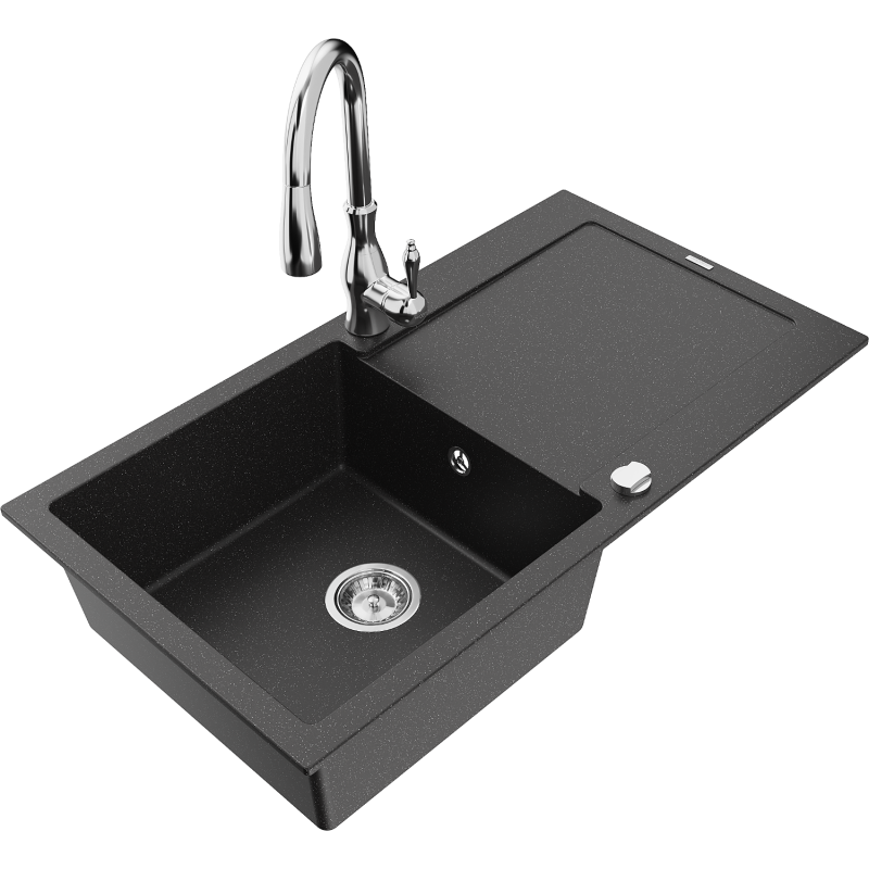Mexen Leo granite sink 1-bowl with drainer and Savita kitchen tap, black/silver metallic - 6501-73-672601-00