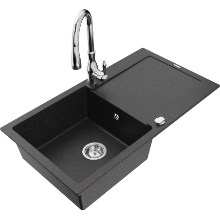 Mexen Leo granieten spoelbak 1-kamer met druiprek en keukenmengkraan Savita, zwart/zilver metallic - 6501-73-672601-00