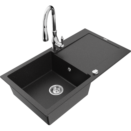 Mexen Leo granitē mazgātājs 1-nodalījuma ar noteces vietu un virtuves krānu Savita, melns/sudraba metālisks - 6501-73-672601-00