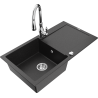 Mexen Leo granite sink 1-bowl with drainer and Savita kitchen tap, black/silver metallic - 6501-73-672601-00