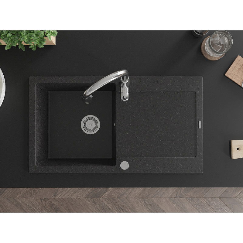 Mexen Leo granite sink 1-bowl with drainer and Savita kitchen tap, black/silver metallic - 6501-73-672601-00