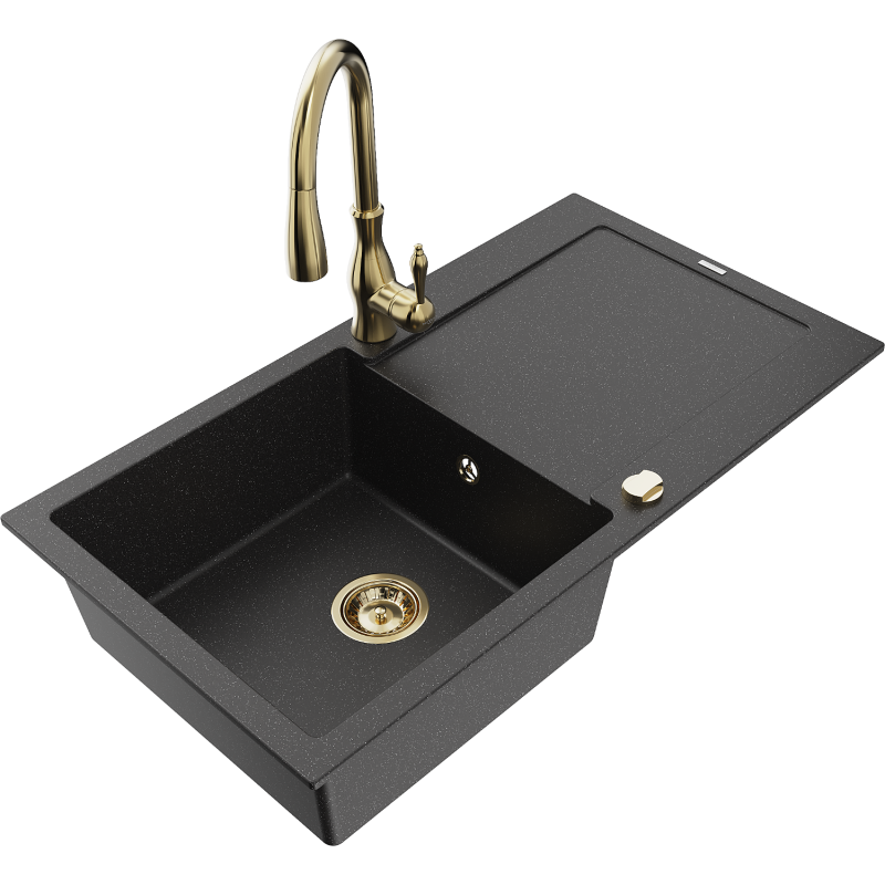 Mexen Leo fregadero de granito de 1 cubeta con escurridor y grifo de cocina Savita, negro/metálico plateado - 6501-73-672601-50