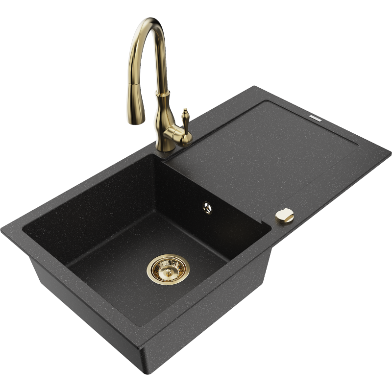 Mexen Leo granite sink 1-bowl with drainer and Savita kitchen tap, black/silver metallic - 6501-73-672601-50