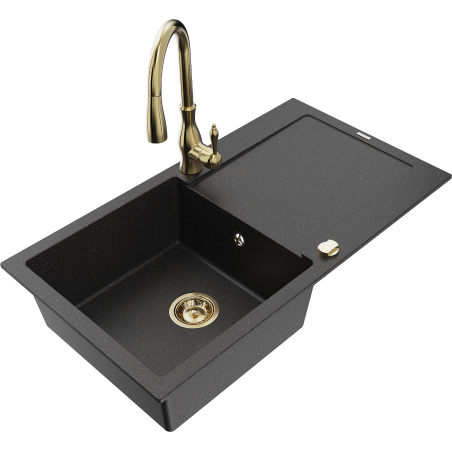 Mexen Leo fregadero de granito de 1 cubeta con escurridor y grifo de cocina Savita, negro/metálico plateado - 6501-73-672601-50