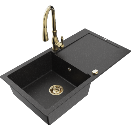 Mexen Leo granite sink 1-bowl with drainer and Savita kitchen tap, black/silver metallic - 6501-73-672601-50