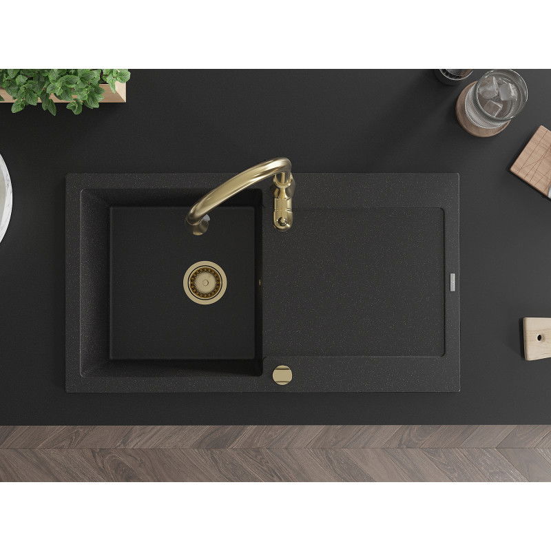 Mexen Leo Graniittinen 1-allas keittiöallas valutusalueella ja keittiöhanalla Savita, musta/hopeinen metallihohto