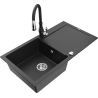 Mexen Leo 1-bowl granite sink with drainer and Savita kitchen tap, black/silver metallic - 6501-73-672601-70